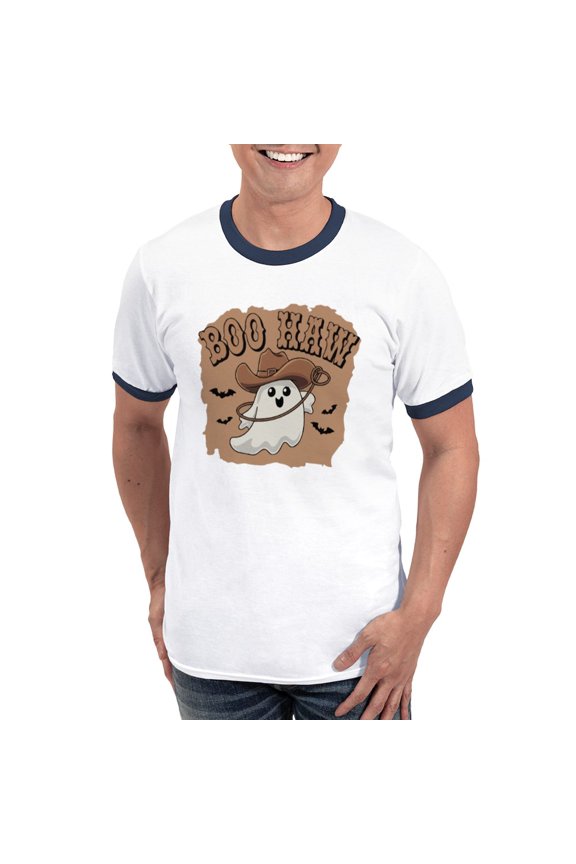 - Boo Haw: Spooky Meets Country Vibes Men's Ringer T Shirt - 100% Cotton Ringed T-Shirt