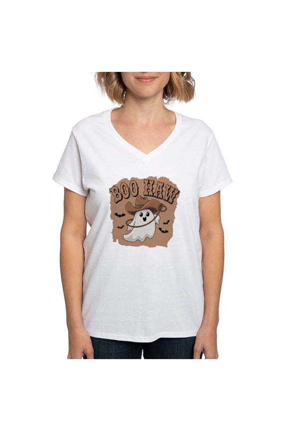 - Boo Haw: Spooky Meets Country Vibes Women's V Neck T Shirt - Womens Cotton V-Neck T-shirt