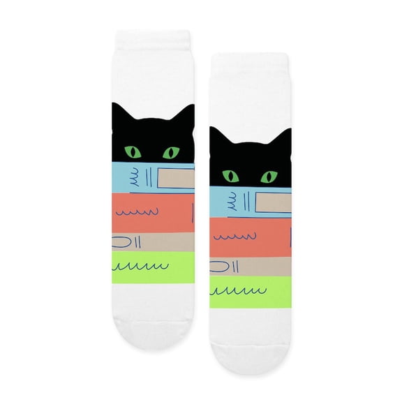CafePress - Book Reading Book Lover Funny Cat Peeking - Unisex Novelty Printed Crew Adult Socks