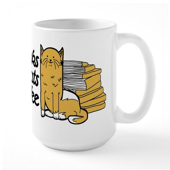 CafePress - Books & Cats & Coffee Large Mug - 15 oz Ceramic Large White Novelty Mug