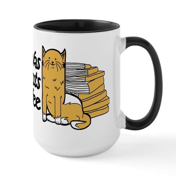 CafePress - Books & Cats & Coffee Large Mug - 15 oz Ceramic Large White Novelty Mug