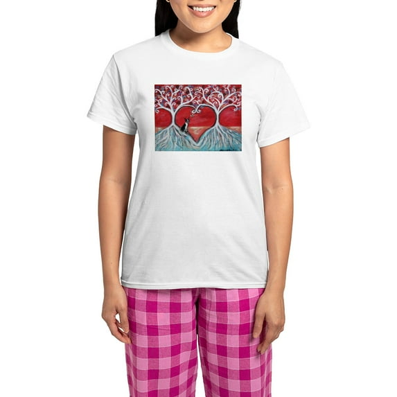CafePress - Boston Terrier Love Heart Trees Pajamas - Women's Short Sleeve Print T-Shirt and Pants Light Cotton Pajama Set