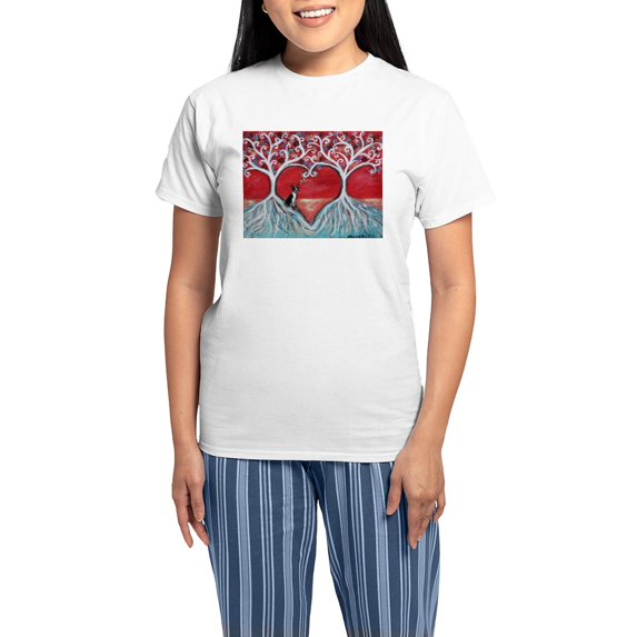 CafePress - Boston Terrier Love Heart Trees Pajamas - Women's Short Sleeve Print T-Shirt and Pants Light Cotton Pajama Set