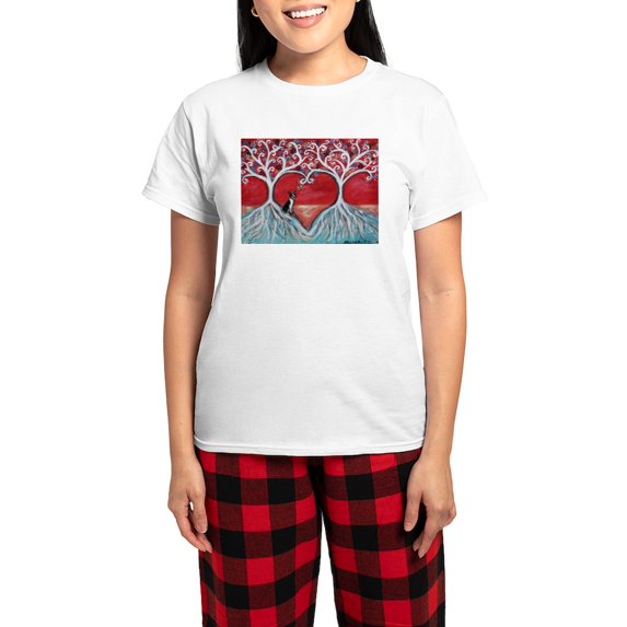 CafePress - Boston Terrier Love Heart Trees Pajamas - Women's Short Sleeve Print T-Shirt and Pants Light Cotton Pajama Set