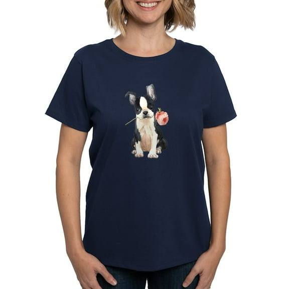 CafePress - Boston Terrier Rose T Shirt - Women's Traditional Fit Dark T-Shirt
