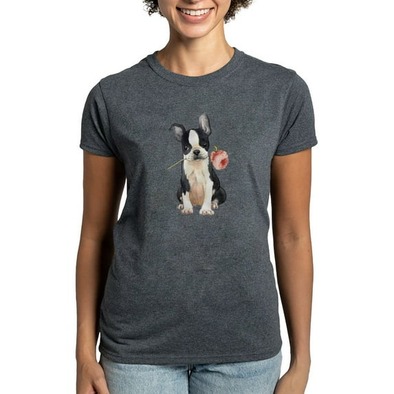 CafePress - Boston Terrier Rose T Shirt - Women's Traditional Fit Dark T-Shirt