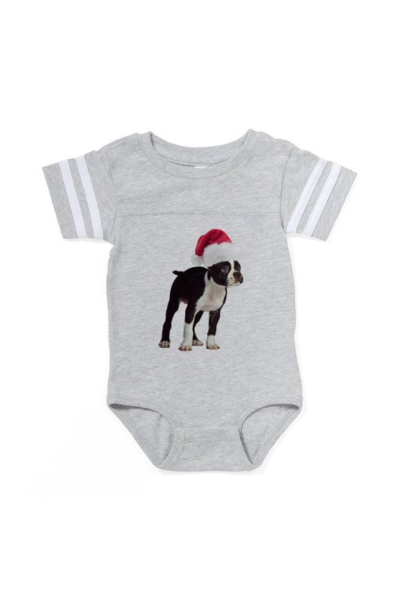 - Boston Terrier Santa - Cute Infant Baby Football Bodysuit