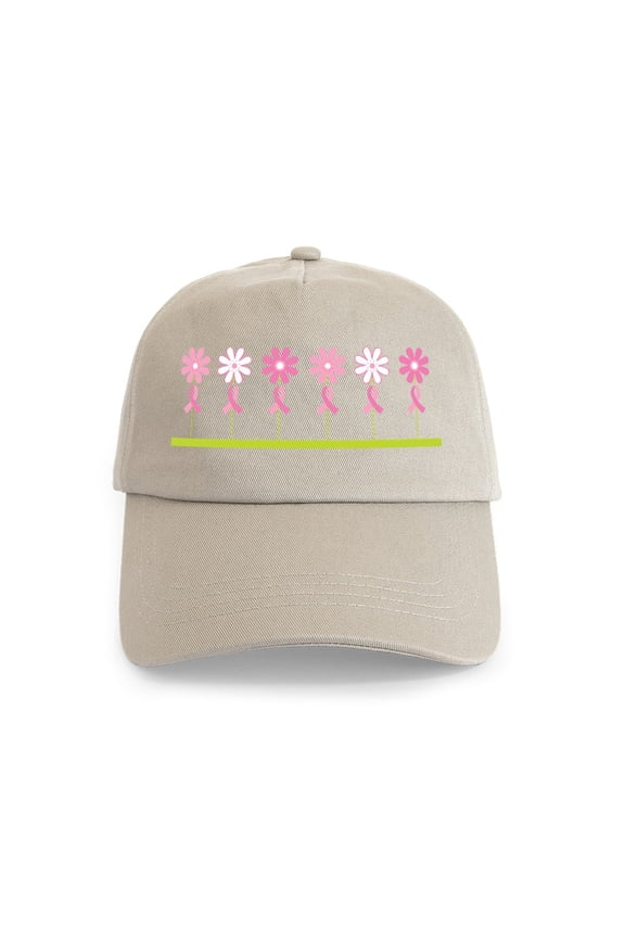 - Breast Cancer Awareness Flowers Cap - Adjustable 100% Brushed Unisex Casual Cotton Baseball Cap, Beige, 1