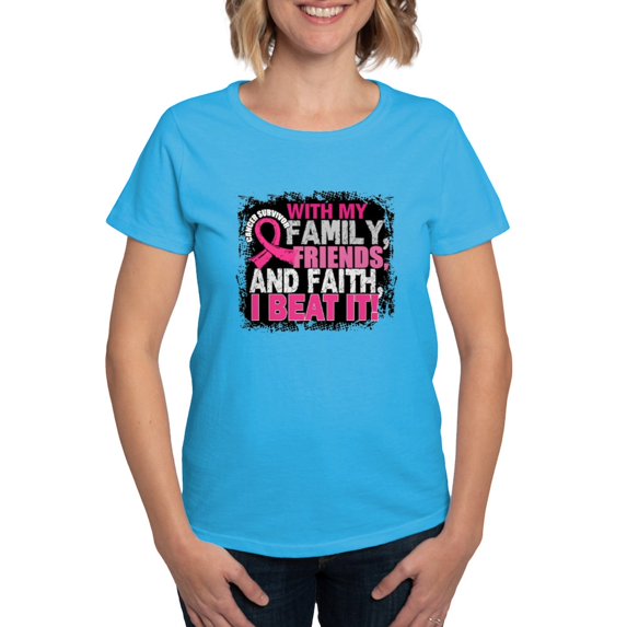 CafePress - Breast Cancer Survivor With Family Friends T Shirt - Women's Traditional Fit Dark T-Shirt