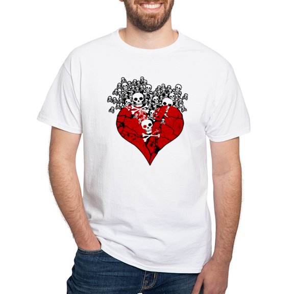 CafePress - Broken Heart With Skulls White T Shirt - Men's White Classic Cotton T-Shirts