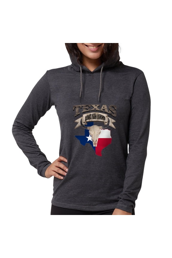 - Bull Skull Born Texas Long Sleeve T Shirt - Womens Hooded Shirt