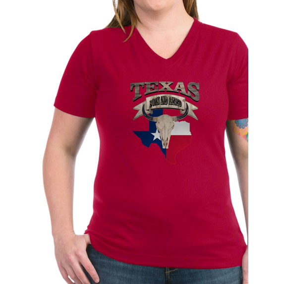 CafePress - Bull Skull Born Texas - Women's V-Neck Dark T-Shirt
