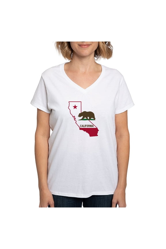 - CALI STATE W BEAR T Shirt - Womens Cotton V-Neck T-shirt
