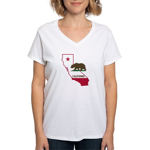 CafePress - CALI STATE W BEAR T Shirt - Womens Cotton V-Neck T-shirt