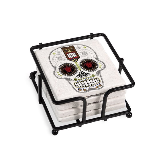 CafePress - CANDY SKULL Hawiian Shirt Ghost Outline Tile Coast - Tile Coaster, Drink Coaster Set of 4 w/ holder