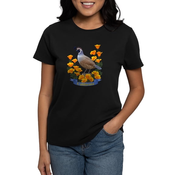 CafePress - California Quail And Golden Poppy T Shirt - Women's Traditional Fit Dark T-Shirt