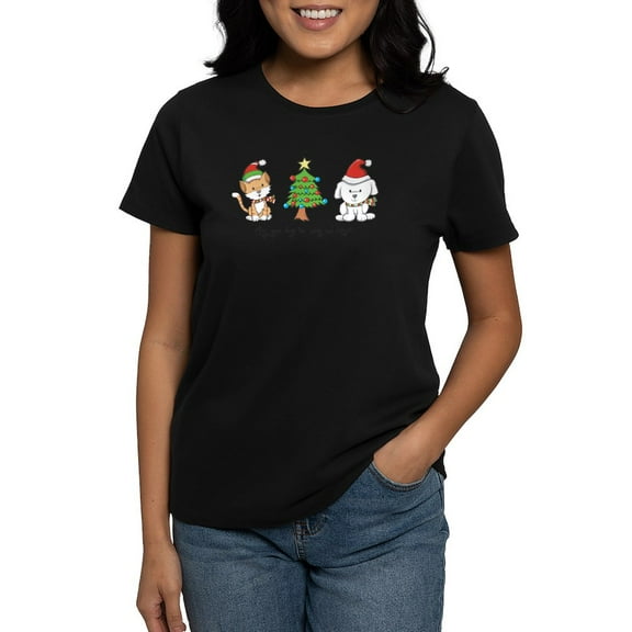 CafePress - Cat And Dog Christmas Women's Dark T Shirt - Women's Traditional Fit Dark T-Shirt