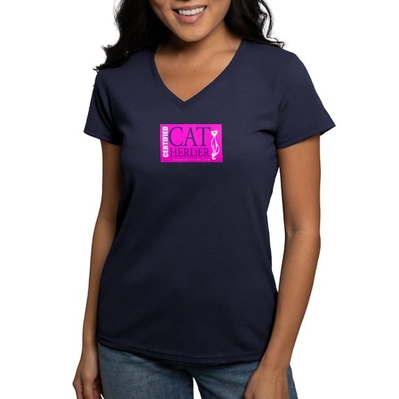 CafePress - Cat Herder 2 Fusia Web Png - Women's V-Neck Dark T-Shirt