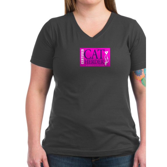 CafePress - Cat Herder 2 Fusia Web Png - Women's V-Neck Dark T-Shirt