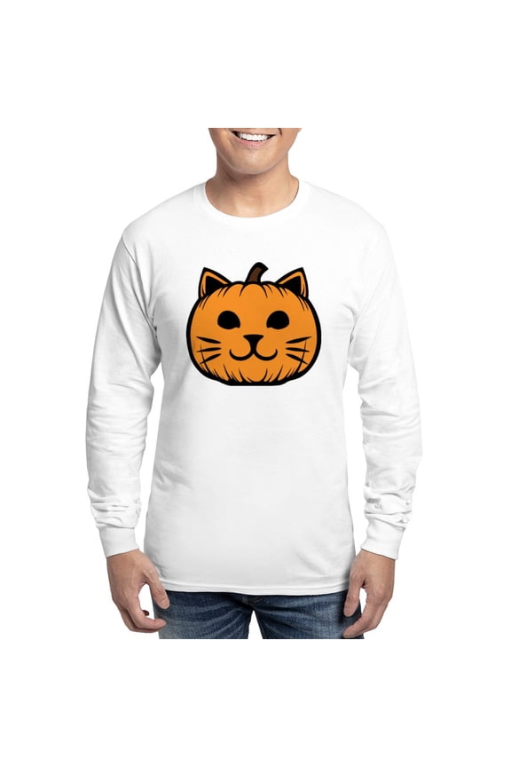 - Cat Jack O Lantern Pumpkin Men's Long Sleeve T Shirt - Unisex Cotton Long Sleeve T-Shirt