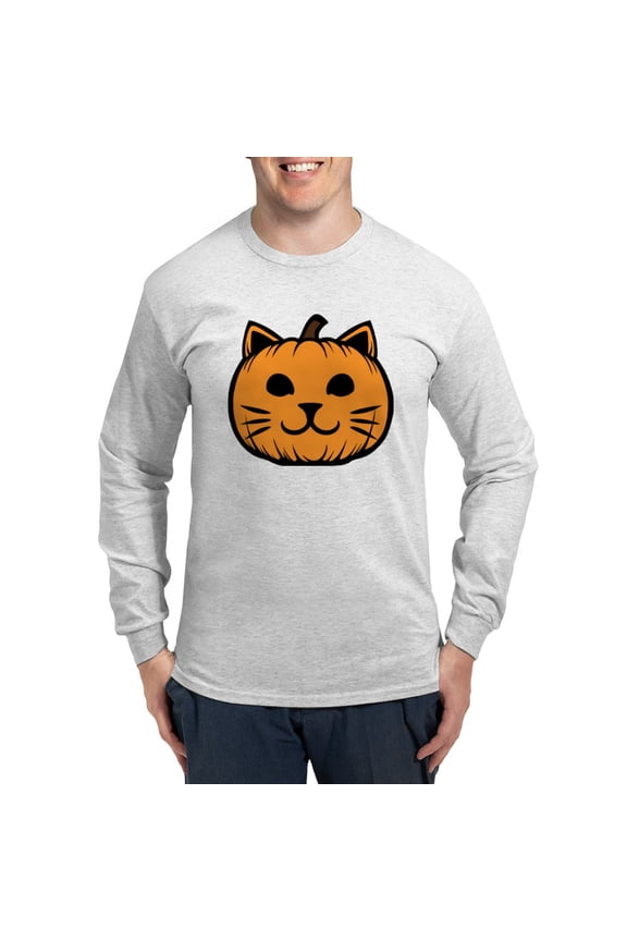 - Cat Jack O Lantern Pumpkin Men's Long Sleeve T Shirt - Unisex Cotton Long Sleeve T-Shirt