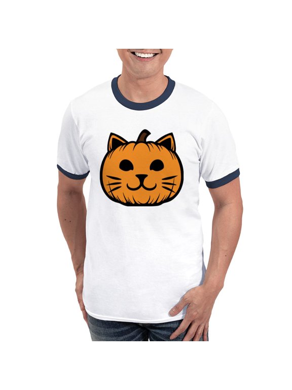 - Cat Jack O Lantern Pumpkin Men's Ringer T Shirt - 100% Cotton Ringed T-Shirt