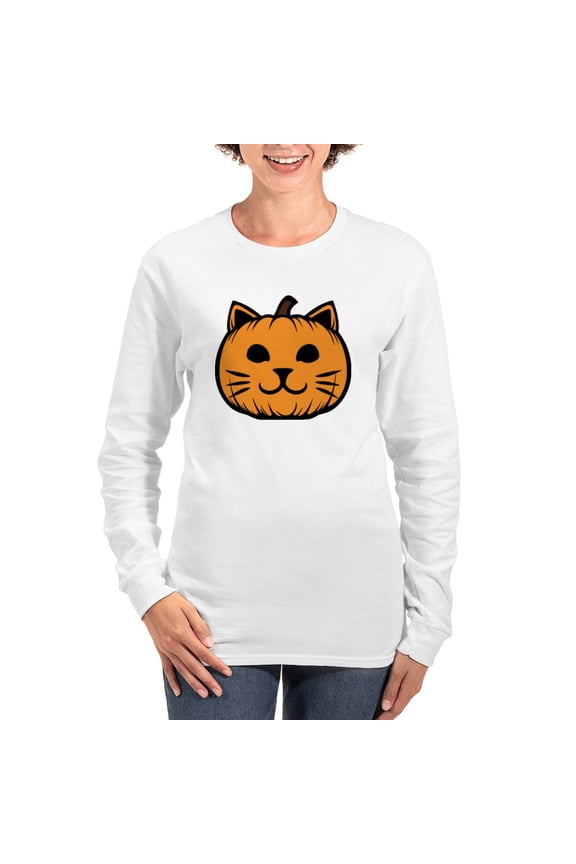 - Cat Jack O Lantern Pumpkin Women's Long Sleeve T Shirt - Women's Long Sleeve Graphic Casual T-Shirt