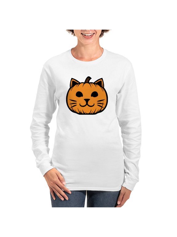 - Cat Jack O Lantern Pumpkin Women's Long Sleeve T Shirt - Women's Long Sleeve Graphic Casual T-Shirt
