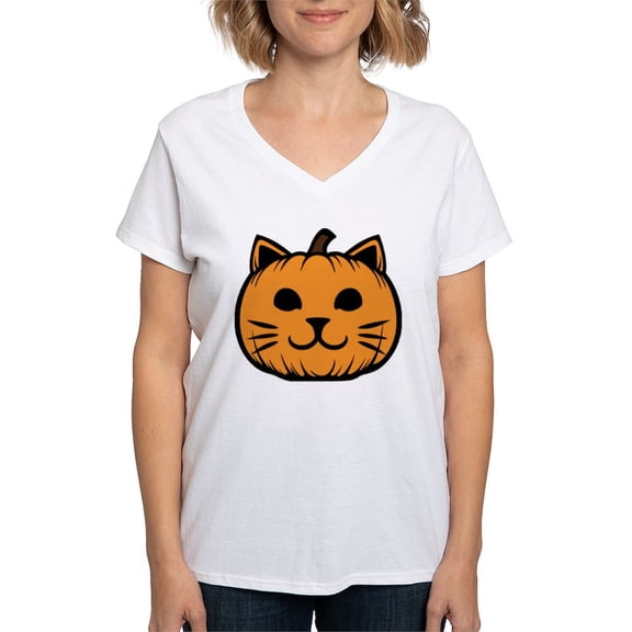 CafePress - Cat Jack O Lantern Pumpkin Women's V Neck T Shirt - Womens Cotton V-Neck T-shirt