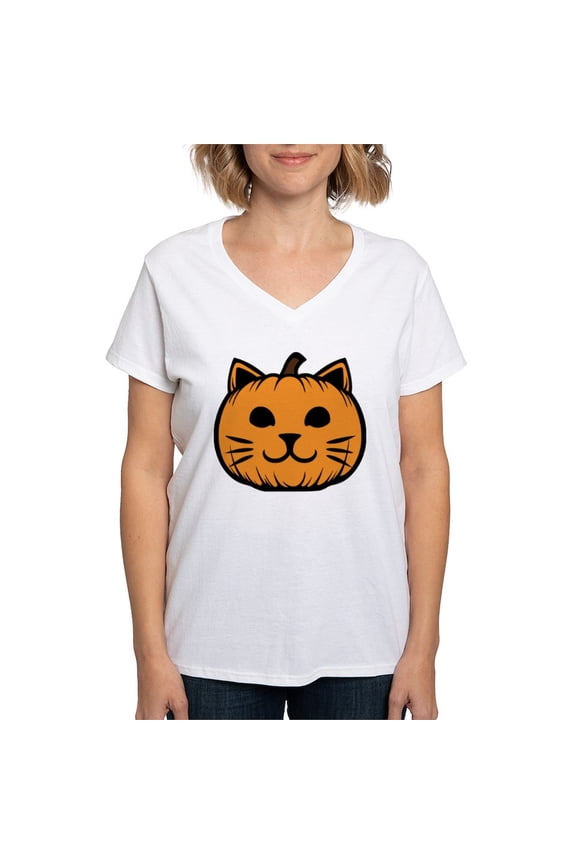 - Cat Jack O Lantern Pumpkin Women's V Neck T Shirt - Womens Cotton V-Neck T-shirt