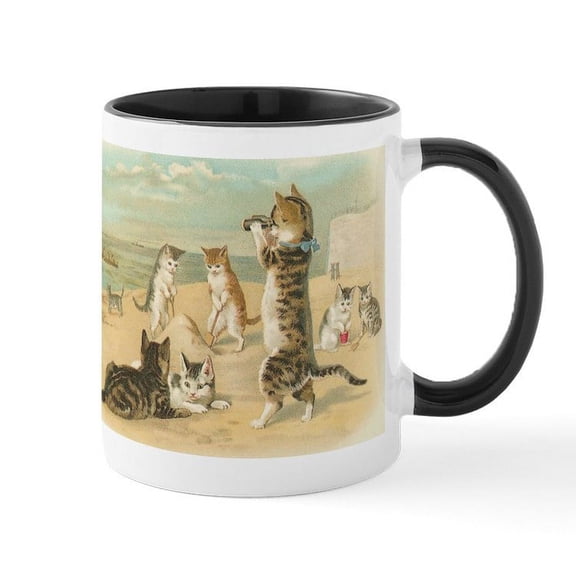 CafePress - Cats At The Beach, Vintage Art Poster Mugs - 11 oz Ceramic Mug - Novelty Coffee Tea Cup