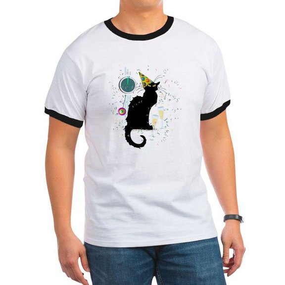 CafePress - Chat Noir New Years Party Countdown T Shirt - 100% Cotton Ringed T-Shirt