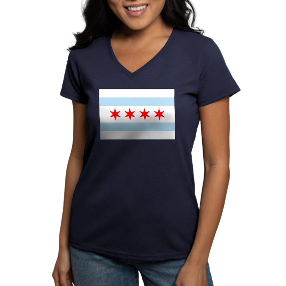 CafePress - Chicago Flag T Shirt - Women's V-Neck Dark T-Shirt