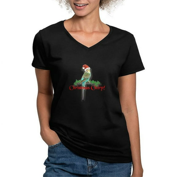 CafePress - Christmas Budgie Women's V Neck Dark T Shirt - Women's V-Neck Dark T-Shirt