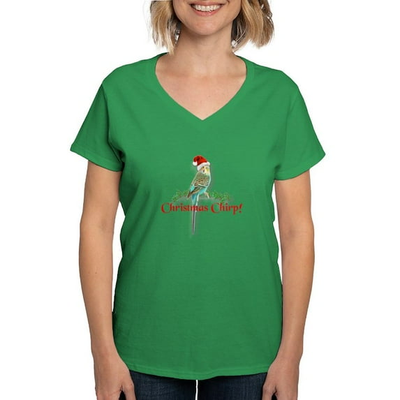 CafePress - Christmas Budgie Women's V Neck Dark T Shirt - Women's V-Neck Dark T-Shirt
