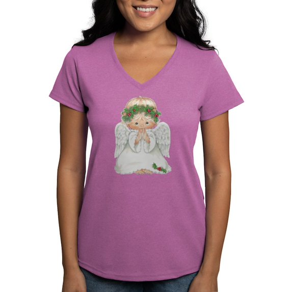 CafePress - Christmas Cute Baby Angel Praying T Shirt - Women's V-Neck Dark T-Shirt