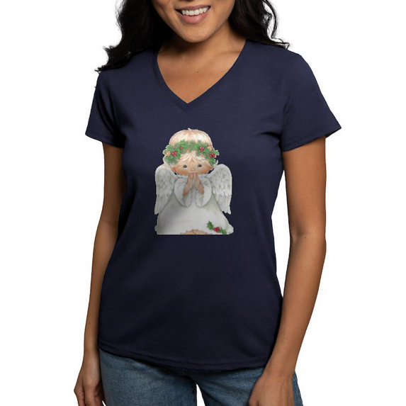 CafePress - Christmas Cute Baby Angel Praying T Shirt - Women's V-Neck Dark T-Shirt