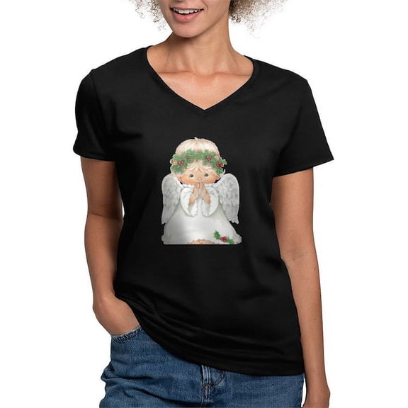 CafePress - Christmas Cute Baby Angel Praying T Shirt - Women's V-Neck Dark T-Shirt