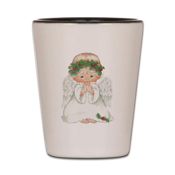 CafePress - Christmas Cute Baby Angel Praying - White/Black Shot Glass, Unique and Funny Shot Glass