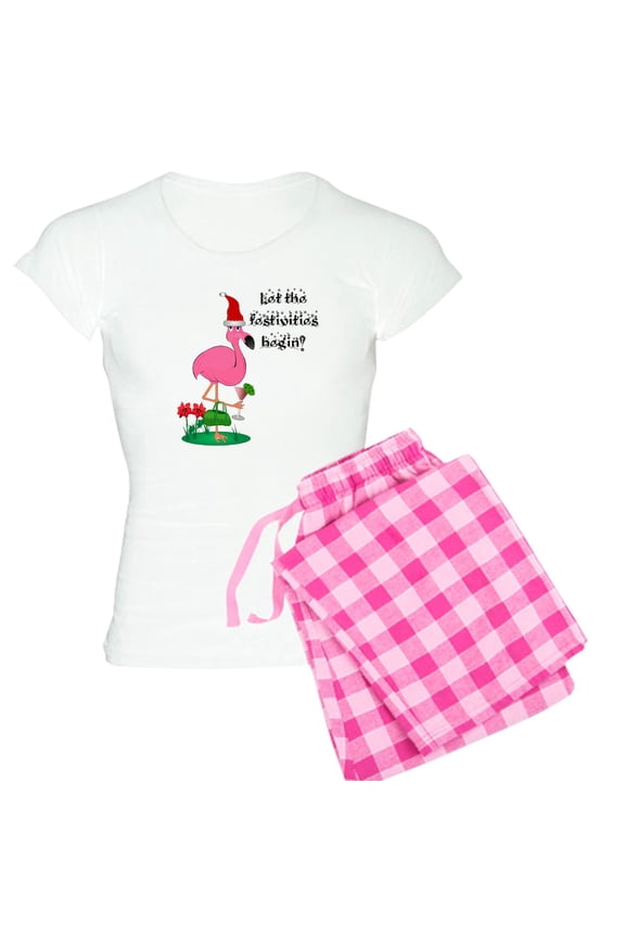 - Christmas Flamingo Women's Light Pajamas - Women's Short Sleeve Print T-Shirt and Pants Light Cotton Pajama Set