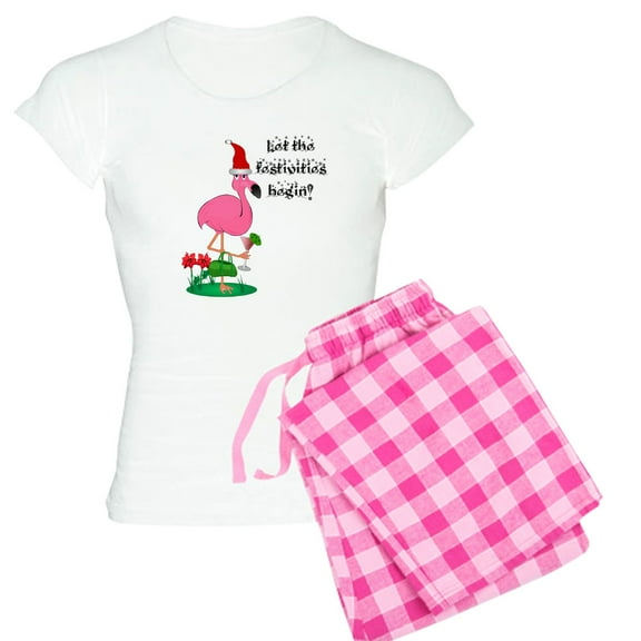 CafePress - Christmas Flamingo Women's Light Pajamas - Women's Short Sleeve Print T-Shirt and Pants Light Cotton Pajama Set