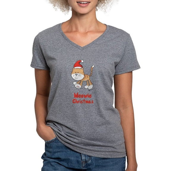 CafePress - Christmas Kitty Women's V Neck Dark T Shirt - Women's V-Neck Dark T-Shirt