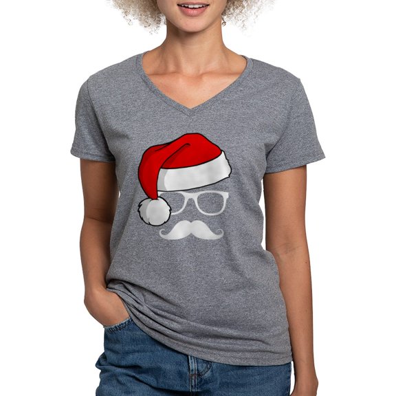 CafePress - Christmas Mustache Nerd T Shirt - Women's V-Neck Dark T-Shirt