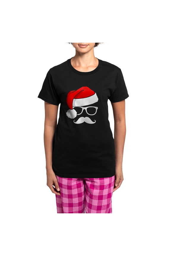 - Christmas Mustache Nerd Women's Dark Pajamas - Women's Short Sleeve Print T-Shirt and Pants Dark Cotton Pajama Set