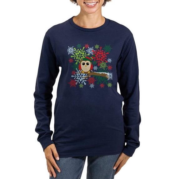 CafePress - Christmas Owl Women's Long Sleeve Dark T Shirt - Women's Long Sleeve Graphic Tee Casual Fit
