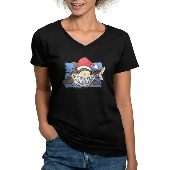 CafePress - Christmas Shark T Shirt - Women's V-Neck Dark T-Shirt