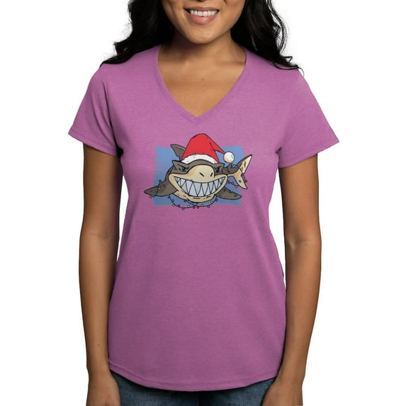 CafePress - Christmas Shark T Shirt - Women's V-Neck Dark T-Shirt