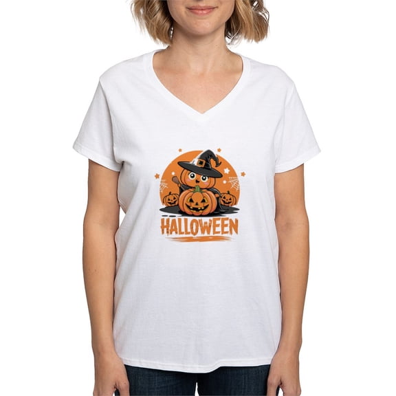 CafePress - Classic Pumpkin Spookiness Women's V Neck T Shirt - Womens Cotton V-Neck T-shirt