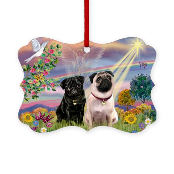 CafePress - Cloud Angel & 2 Pugs - Scroll Ornament