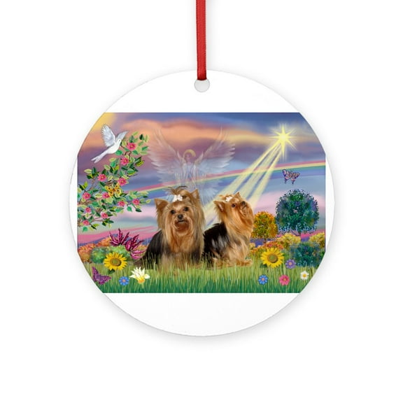 CafePress - Cloud Angel/2 Yorkies - Round Wood Ornament 4"
